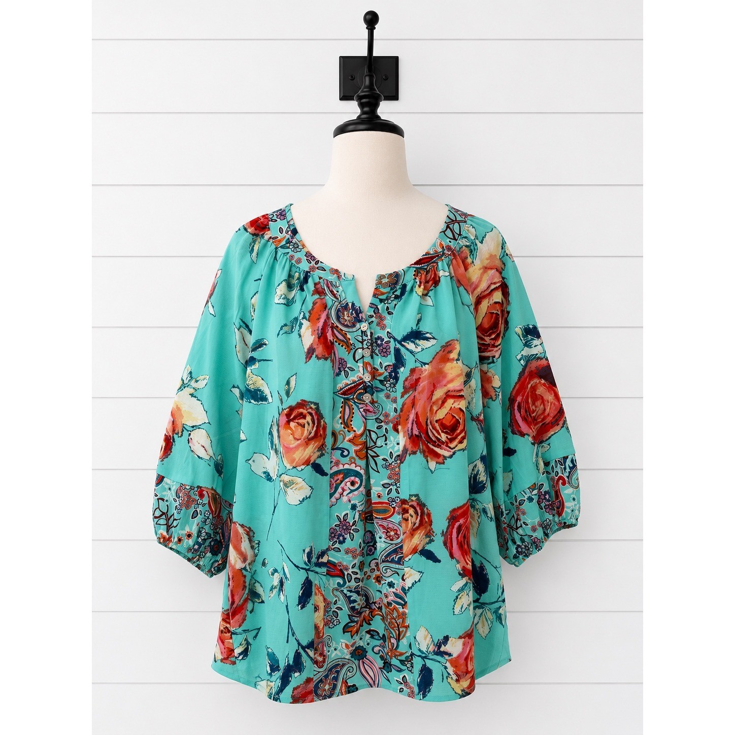 Fig and Flower Peasant Blouse 1X Turquoise Floral Paisley Split Neck 3/4 Sleeve
