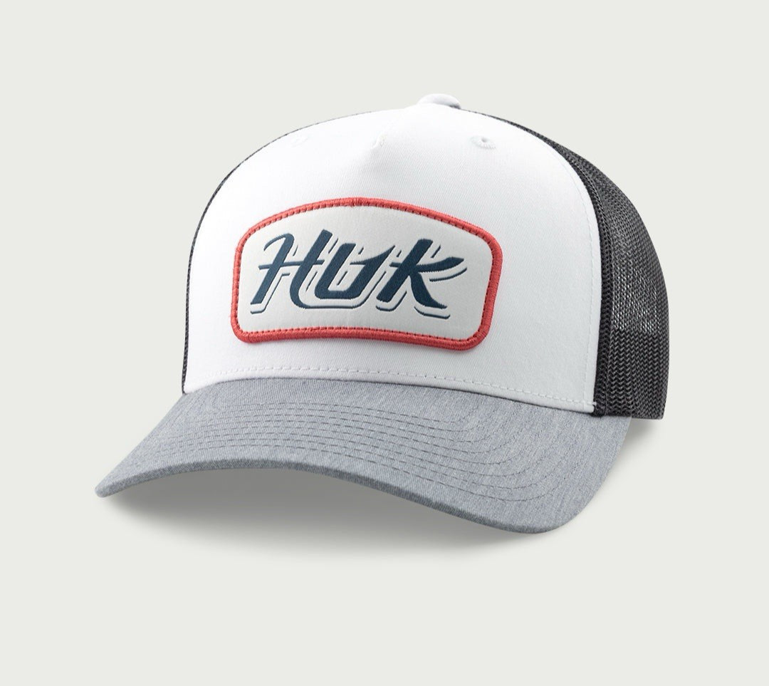 NWT Huk Script Patch Men’s Trucker Hat Heather Grey One Size A4