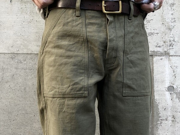 SAMURAI JEANS SJ52BP 15oz HEAVY BACK SATIN BAKER PANTS Olive One-washed