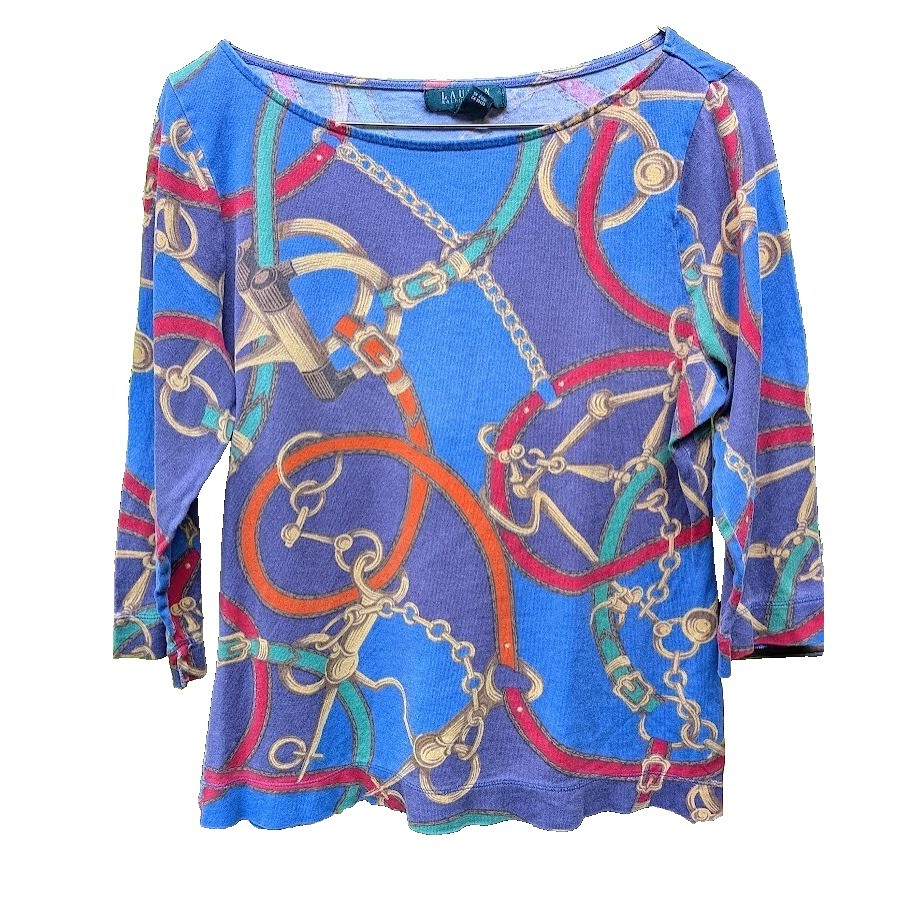 Ralph Lauren Women Equestrian Top PL Horse Tack Western Preppy Old Money Classic