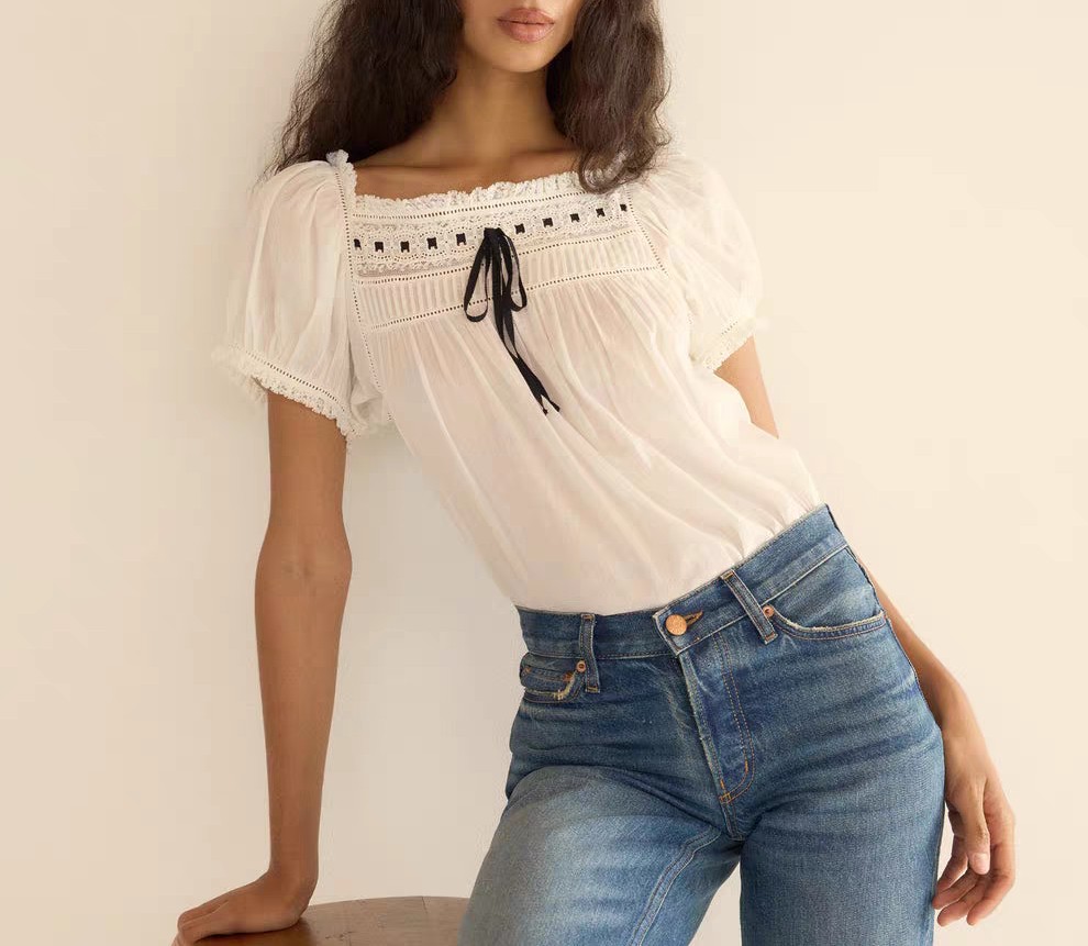 Women Doen Square Neck Lace Short Sleeve Loose Blouse Top