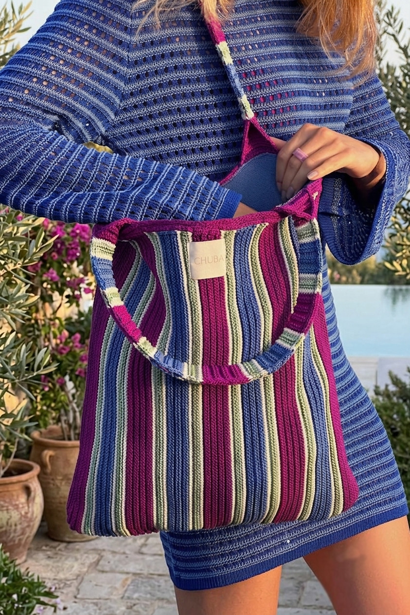 Colorful Striped Knit Tote Bag Boho Beach Shoulder Bag Large Cotton Shopper