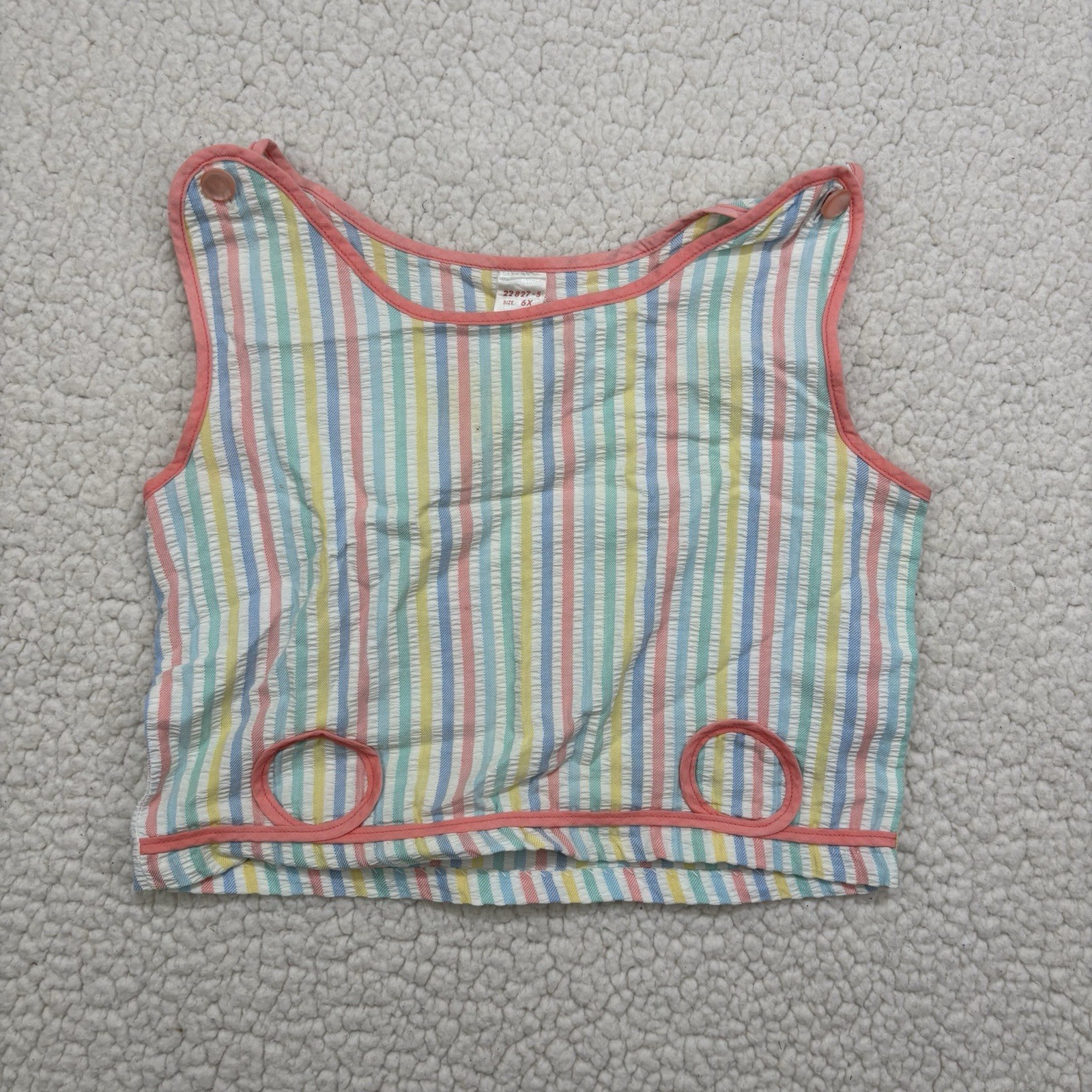 Vintage Seersucker Tank Top Girls Size 6X Rainbow Stripe Button Strap Crop Top