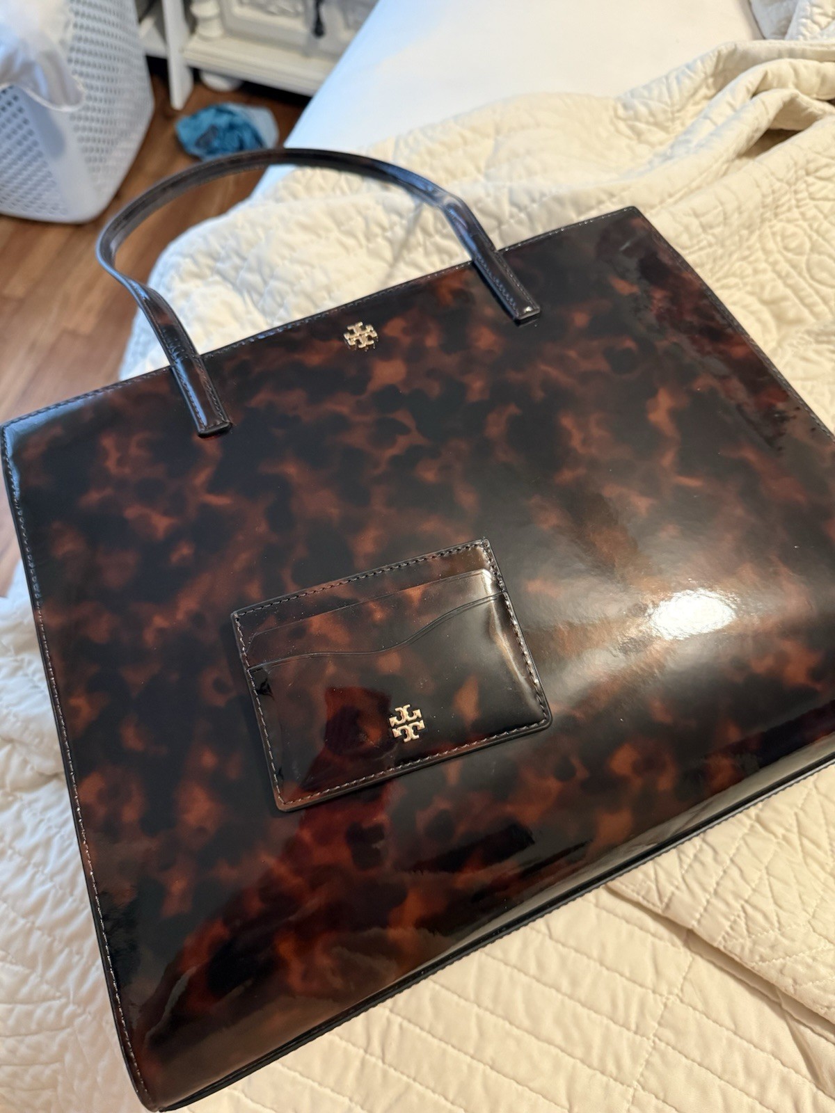 Tory Burch Tortoise Shell Tote Bag Brown/Black Zip Top Gold Hardware Lined