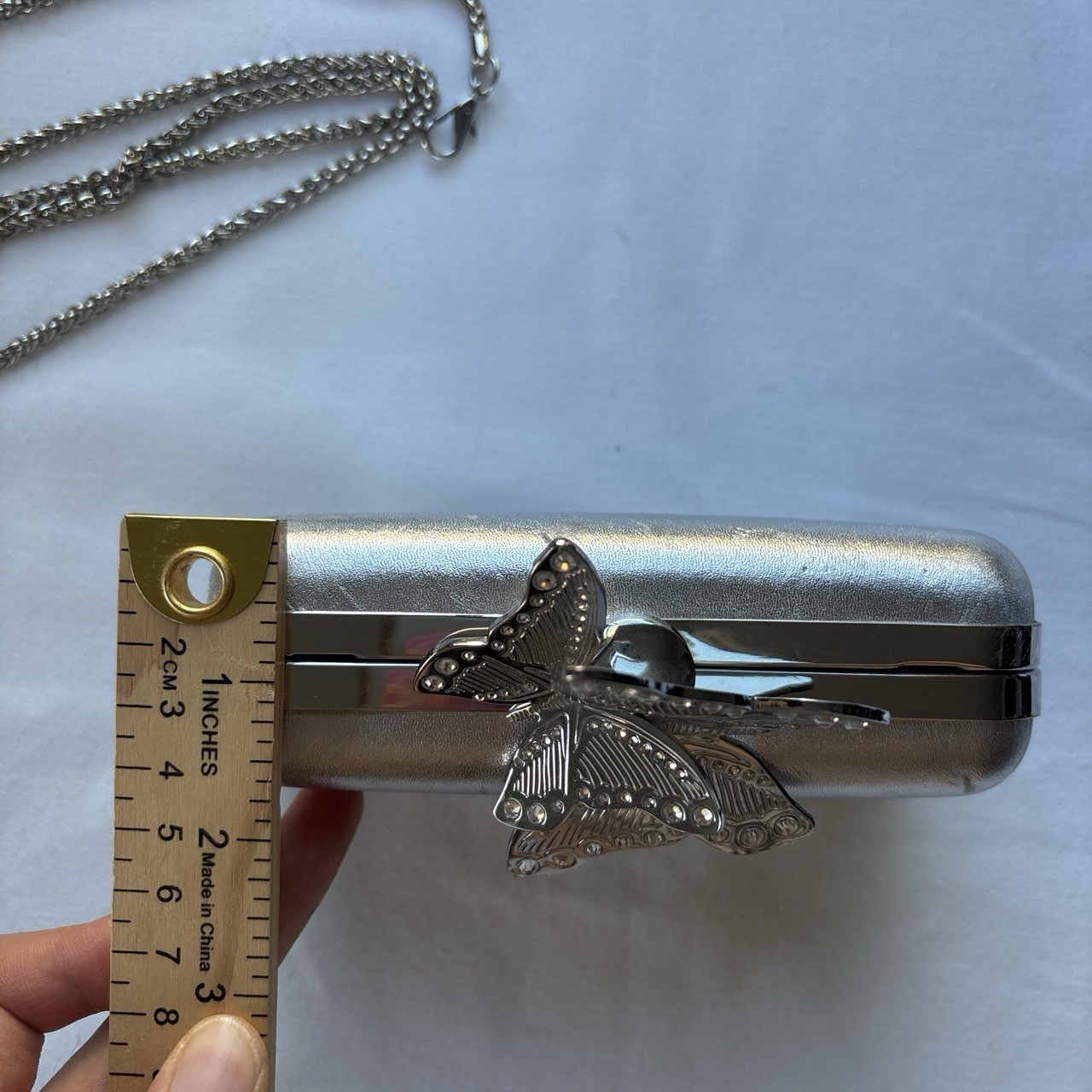 Karen Millen Silver Metallic Clutch Butterfly Clasp Chain Strap