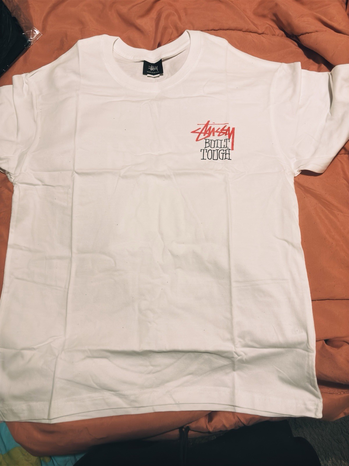 Stussy Men’s White Built Tough Graphic Logo Crew Neck T-Shirt, Size L Regular
