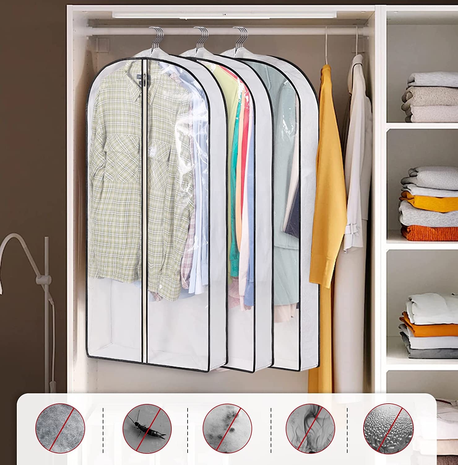 3pcs Garment Bags Clear Zipper Clothes Cover Closet Storage Bag For Coat Jacket