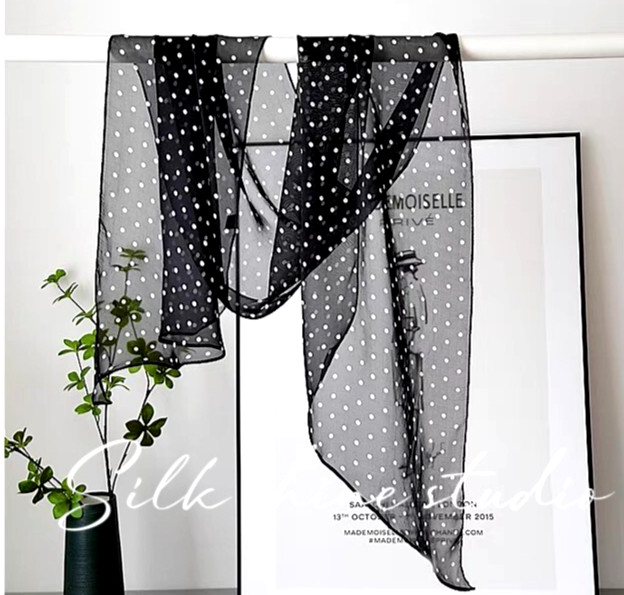 Chic Black & White Polka Dot 100% Silk Scarf -Lightweight 63″x12″ Oblong Summer