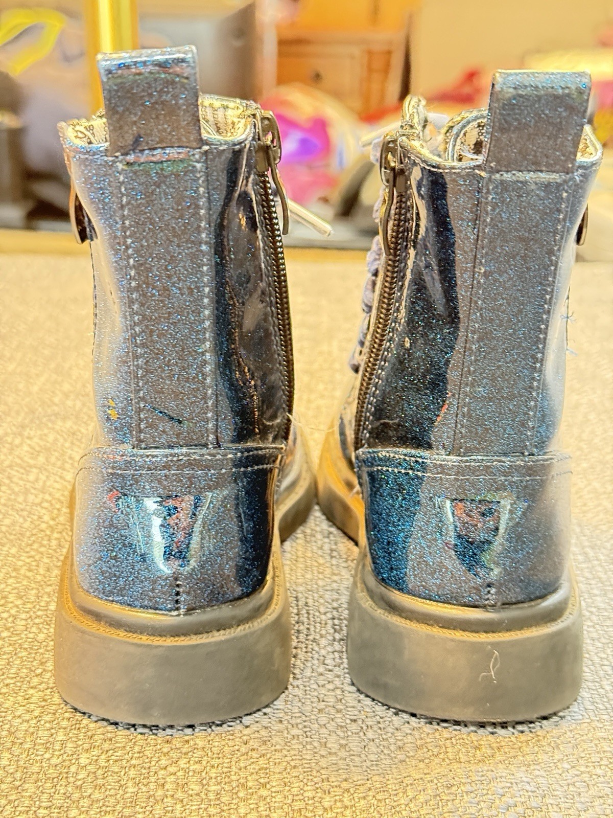 Girls Blue Glitter Ankle Bootie w/ Side Zip, Bow Accent, Round Toe, US 9.5