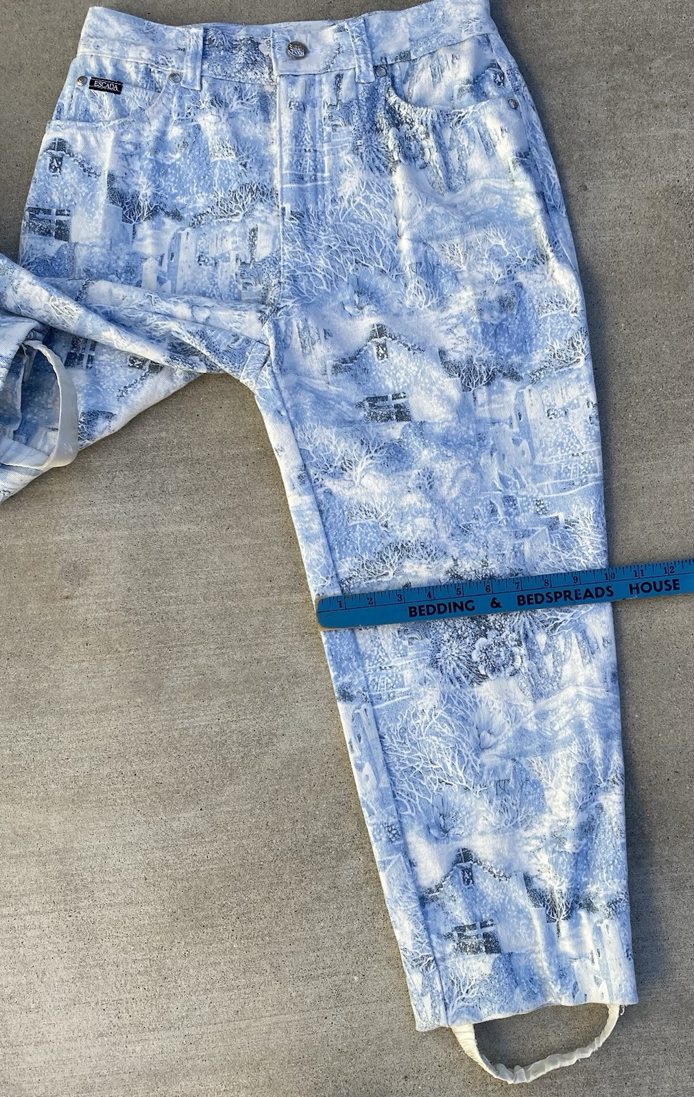 Escada Jeans All Over Print AOP Light Blue Etc On White Stirrup At Leg Hem 30 in