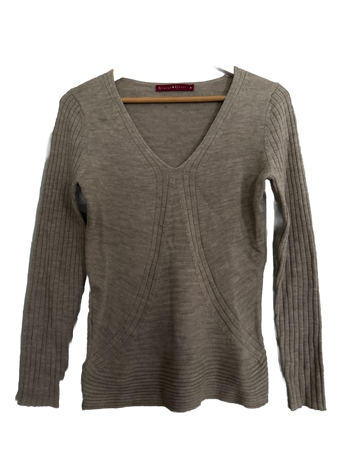 Krimson Klover Sweater M Medium Tan Brown 100% Wool Ribbed V Neck Casual