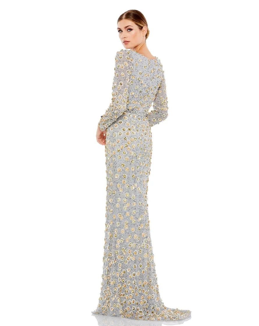 Mac Duggal Platinum Silver Gold Floral Beaded Long Sleeve Gown Size 16 $698