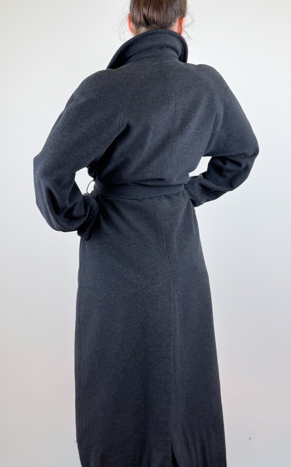 Vintage 90s BHS Virgin Wool Angora Maxi Coat Charcoal Grey Belted Overcoat UK14