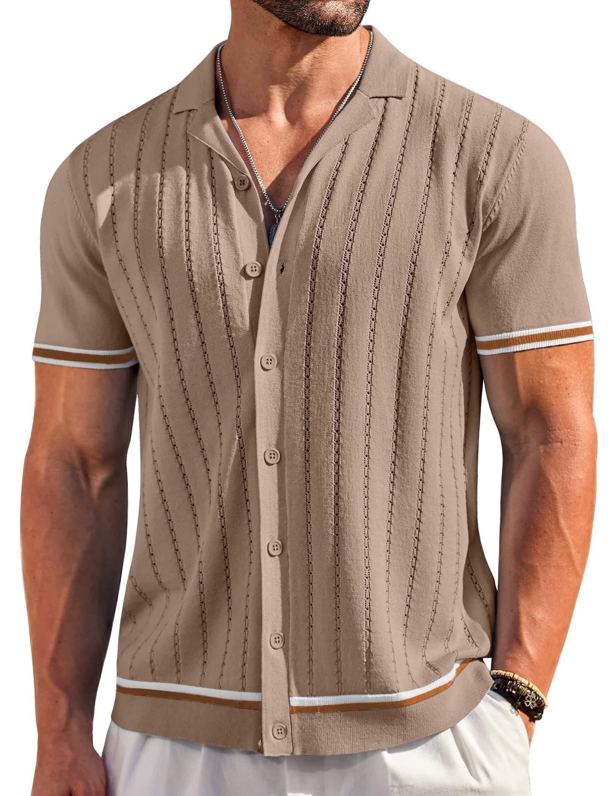 Mens Knit Button Up Shirts Short Sleeve Wedding Yoga Camp Beach Shirts Dark B…