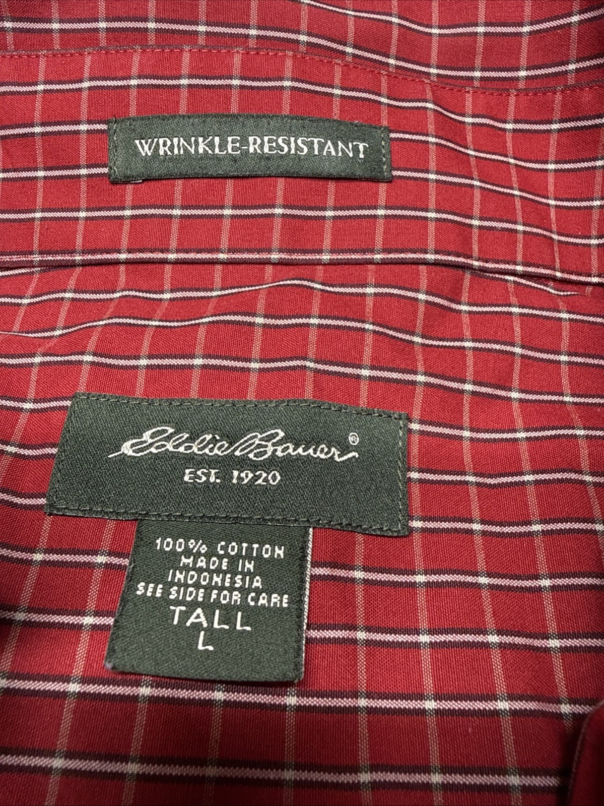 Eddie Bauer Mens Sz L Tall Red Plaid Button Down 100% Baumwolle Cotton LS Shirt