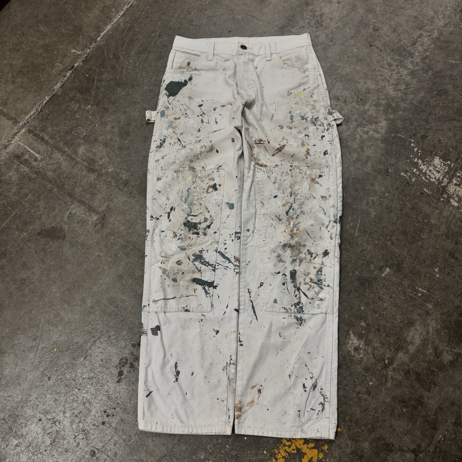 Vintage 90s Distressed Paint Splatter White Canvas Dickies Carpenter Pants 30×30
