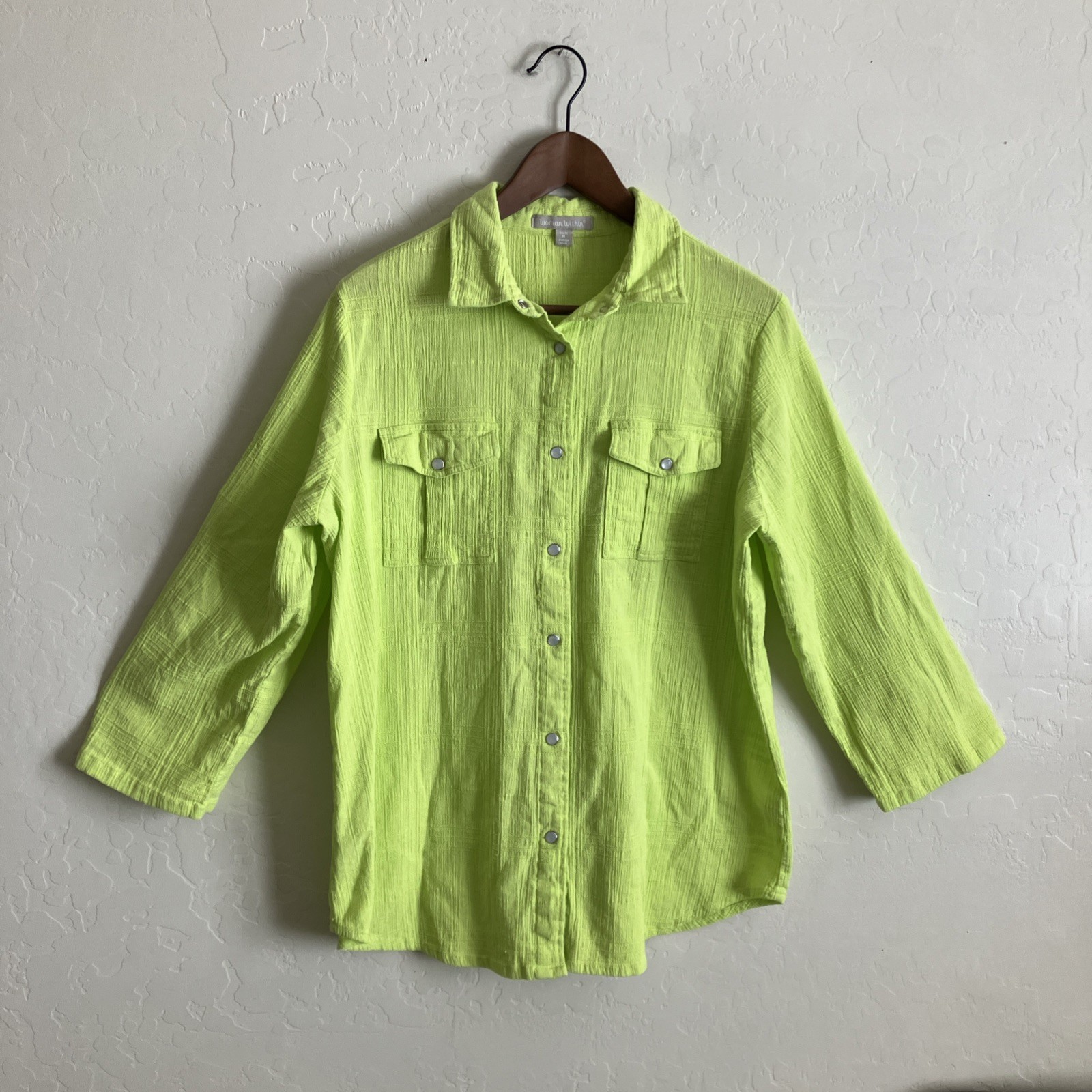 Womens 14/16 Pearl Snap Shirt Roll Tab Sleeve Cotton Green Yellow Woman Within