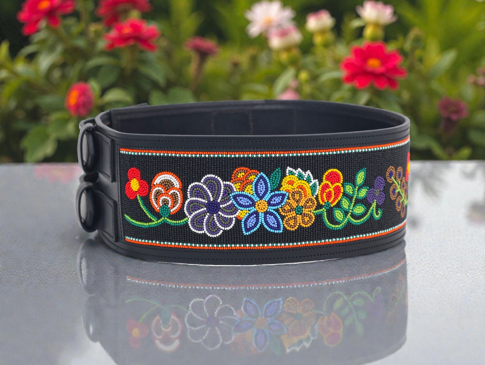 Beaded Wide Leather Belt | Floral Statement Western Waist Belt | Double Buckle