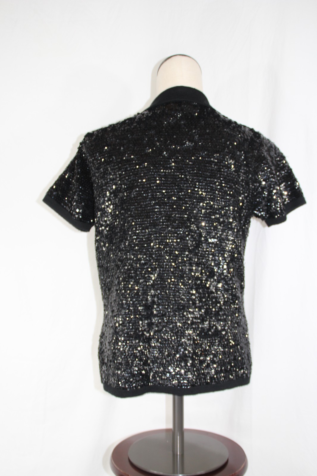 Lauren Ralph Lauren Black Sequin Merino Wool Knit Polo Sweater Holiday Top Sz. M