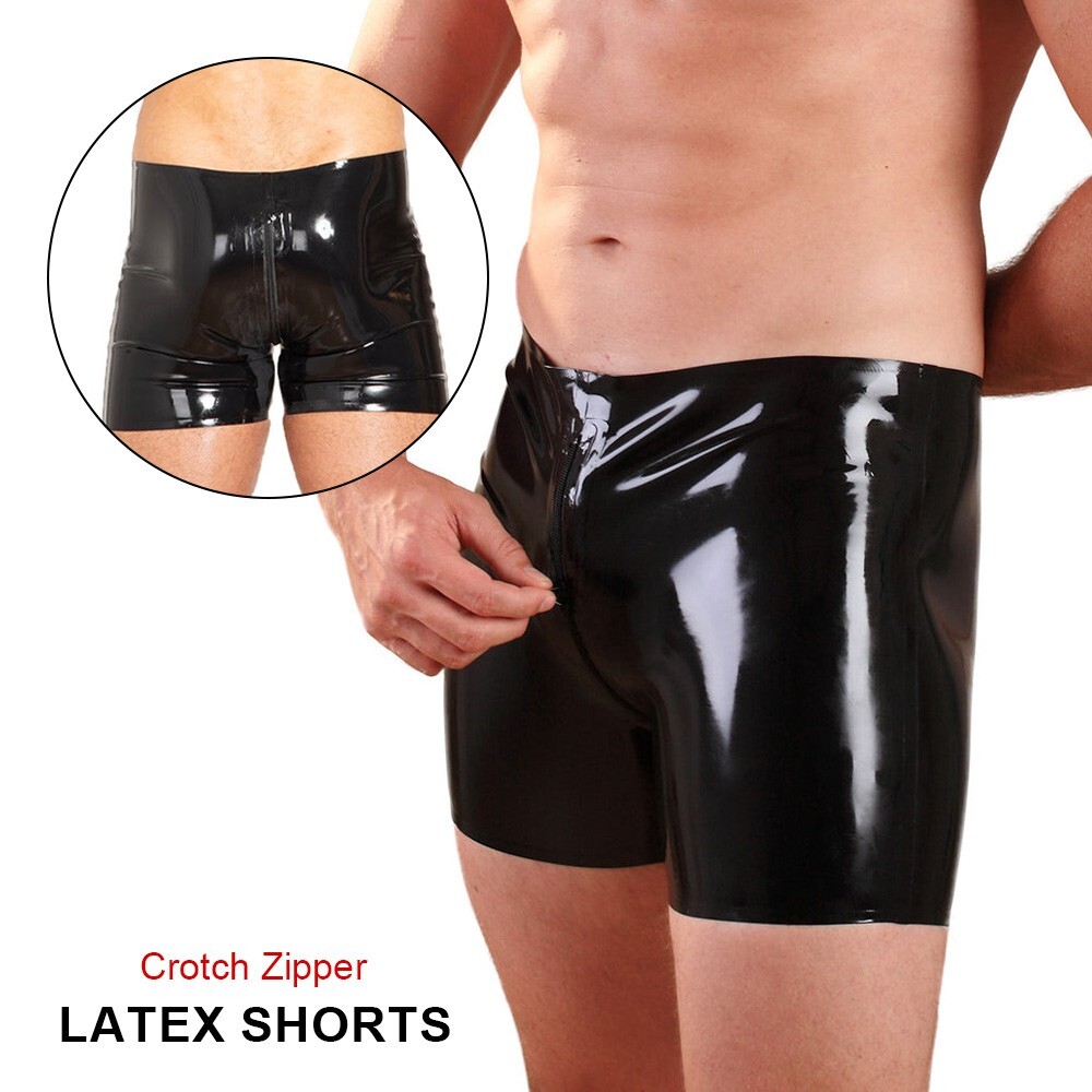 Mens Latex Gummi Shorts with Crotch Zipper Rubber Boxer Underwear Clubwear 0.4mm