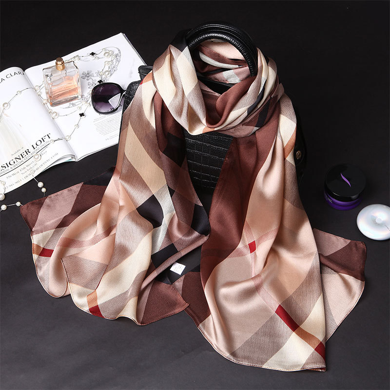 100% Pure Silk Scarf Women Large Long Scarf Shawl Check Style 71″*26″