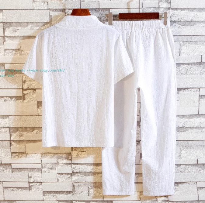 Summer Men 2pc Cotton Linen Walking Suit Outfits Slim Fit Casual Shirt+ Pant Set
