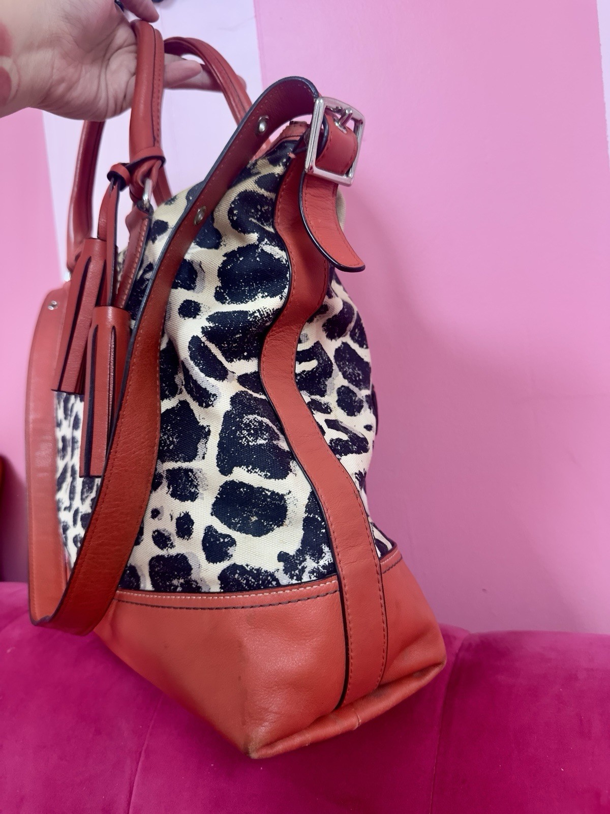 Coach vintageleopard ocelot large satchel top handle zip silver hw w strap rare