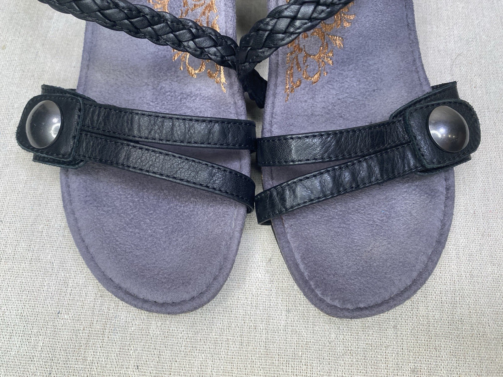 Aetrex Naya Black Leather Braided Strap Comfort Sandals Womens 8.5 EW450W