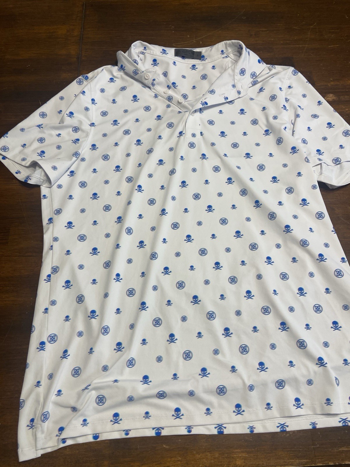 G/FORE Men’s Golf Polo Shirt L White/Blue Skull Graphic Print Stretch