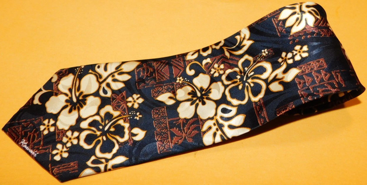 TROPICAL HAWAII BLACK/BROWN/YELLOW FLORAL ALL POLYESTER TIE – DESIGNER TIES.
