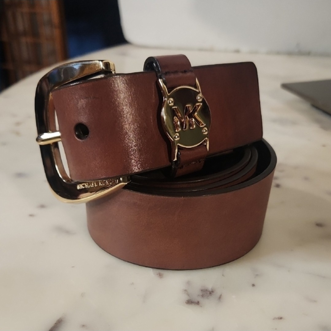 Michael Kors Brown Leather MK Goldtone Logo Belt Buckle Sz40″