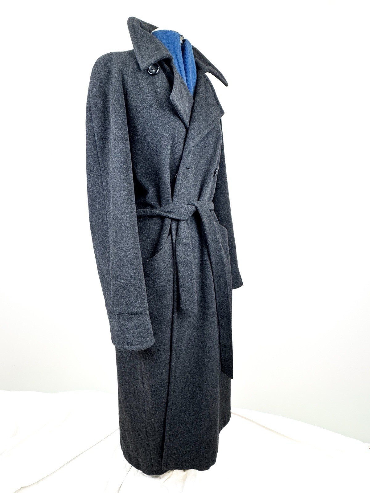 Vintage 90s BHS Virgin Wool Angora Maxi Coat Charcoal Grey Belted Overcoat UK14