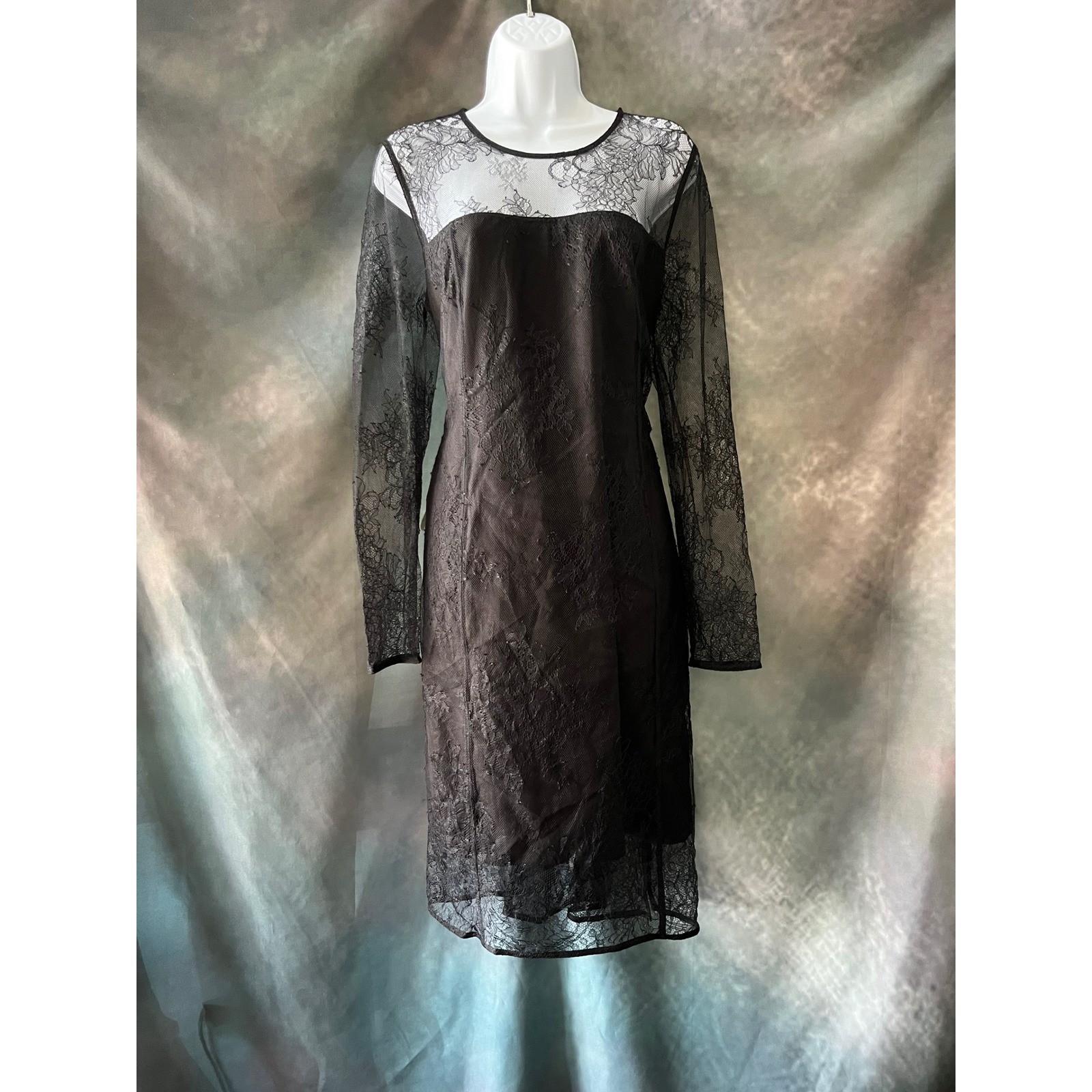 Donna Karan New York Black Lace Overlay Long Sleeve Midi Dress Size Large