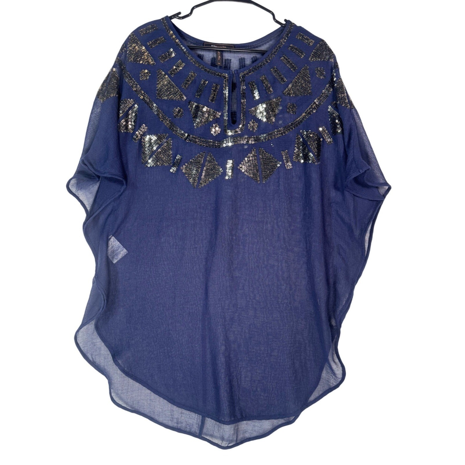 BCBGMAXAZRIA Navy Sequin Embellished Chiffon Poncho Kaftan Top OS Swim Coverup