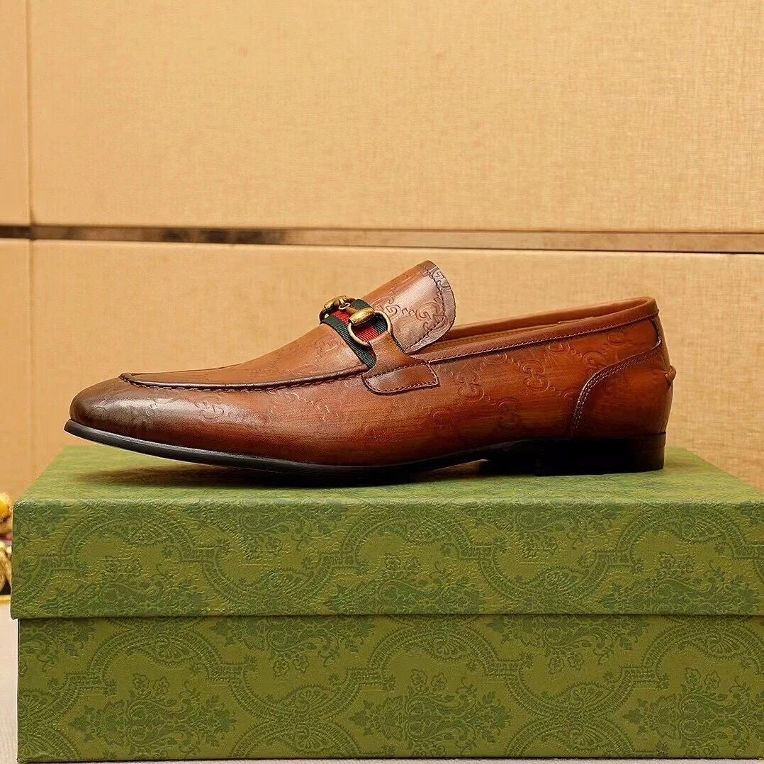 Gucci Men’s Horsebit Web GG Loafers Brown Leather Slip On Dress Shoes