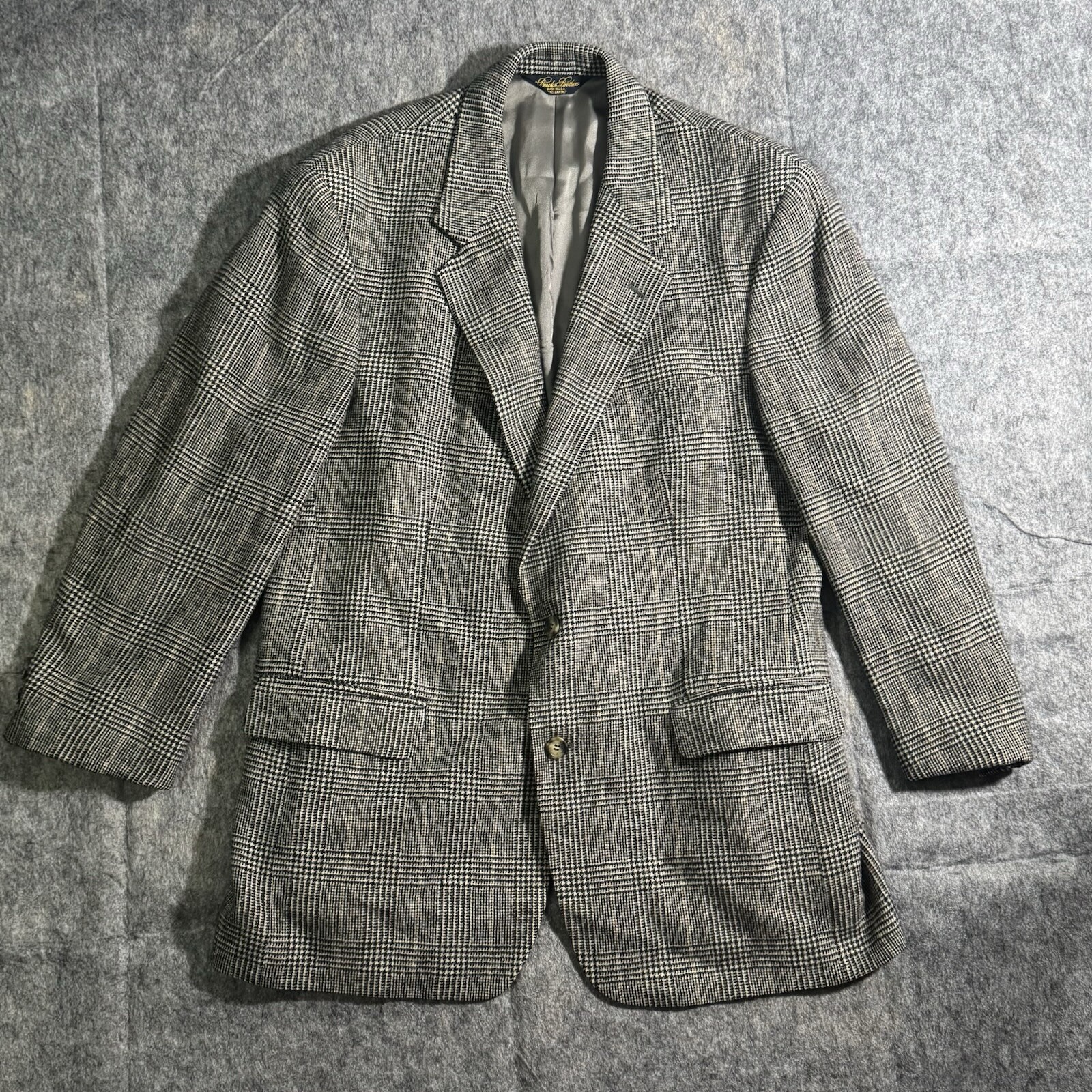 Vintage Brooks Brothers Blazer Mens 43 Regular Gray Houndstooth Plaid Camel Hair
