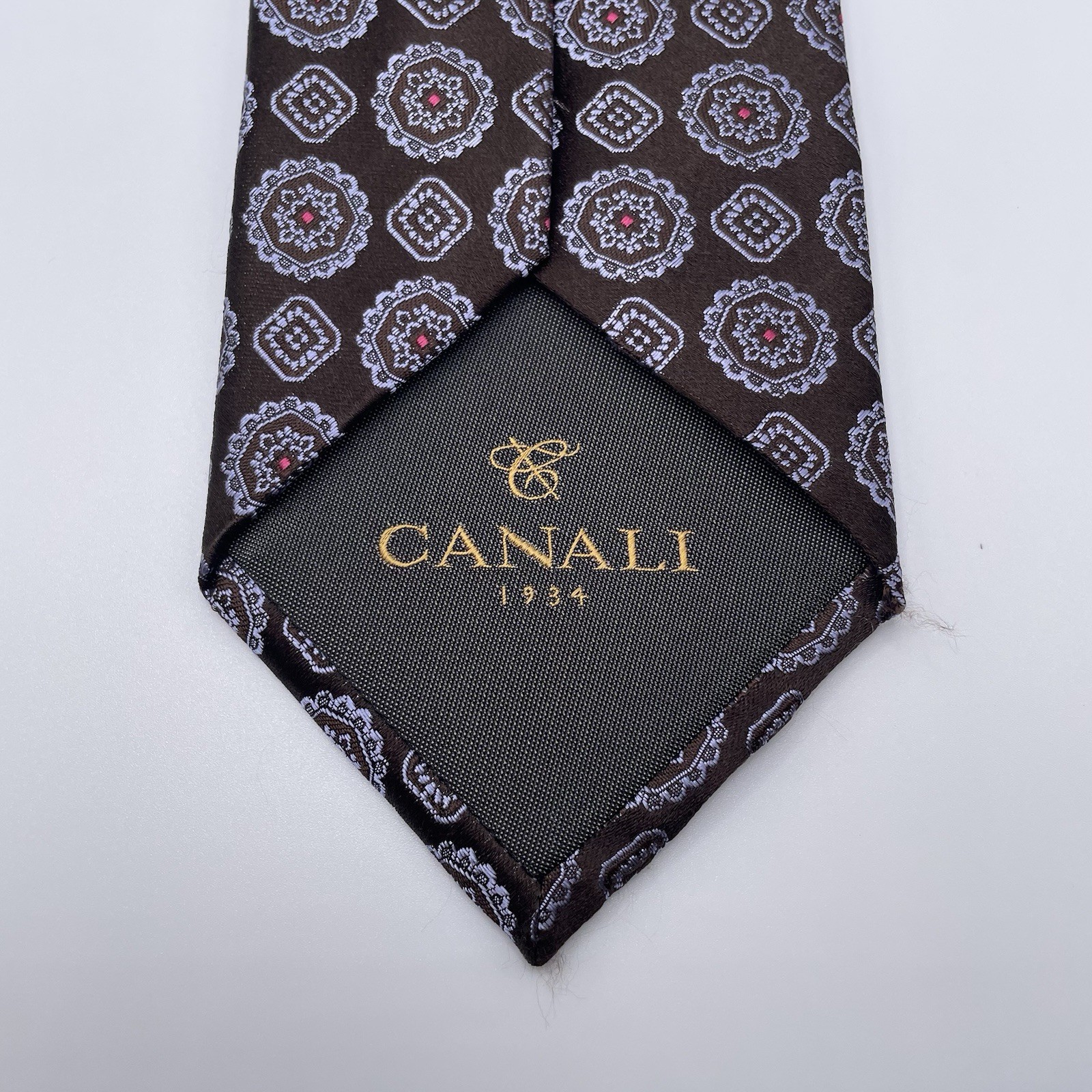Canali Tie Mens Geometric Brown Designer Made In Italy 3.25”W x 58”L