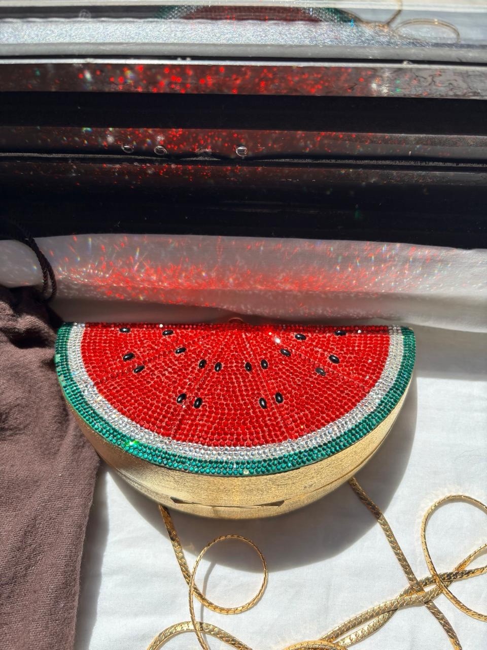 Judith Leiber Watermelon Crystal Beaded watermelon Chain Shoulder Bag