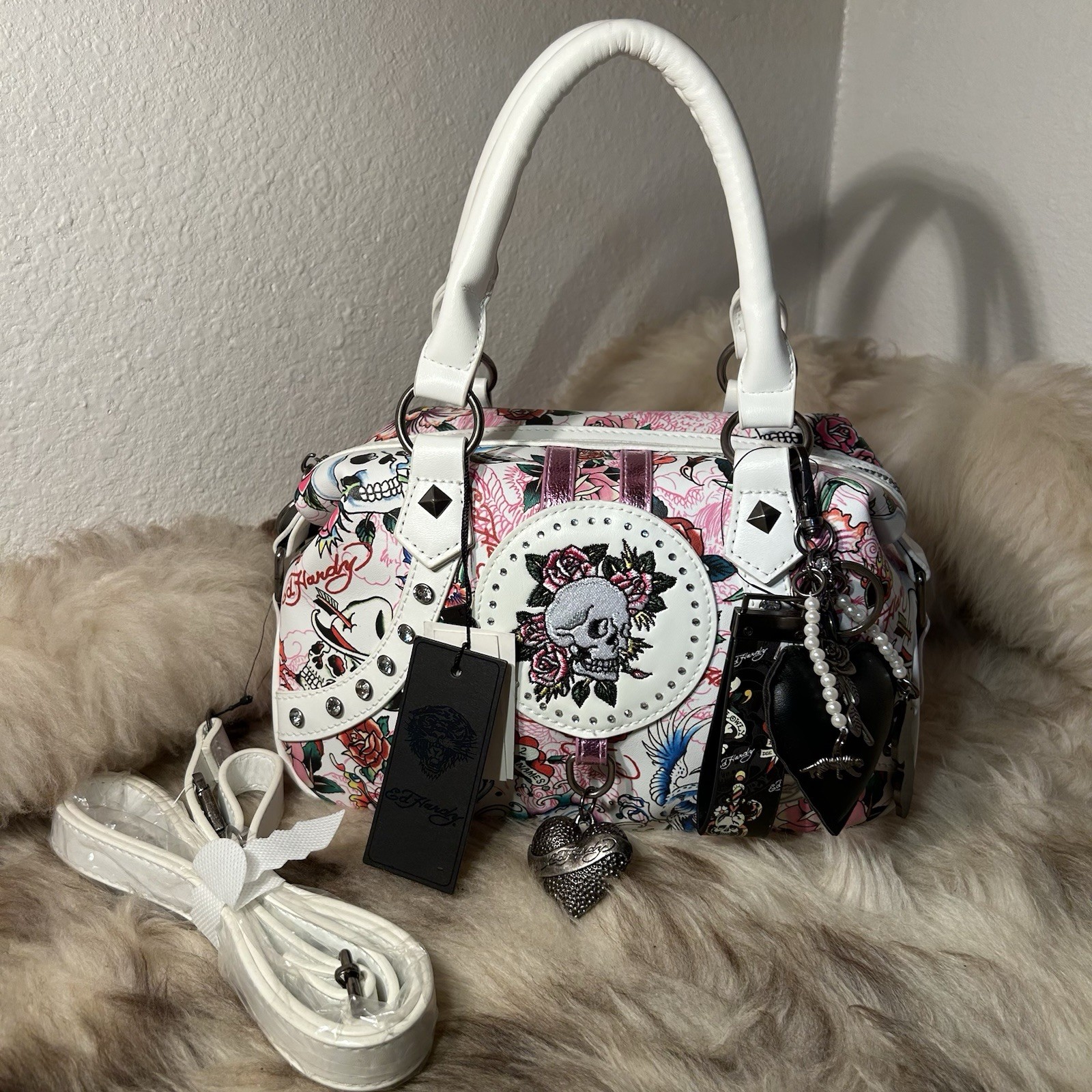 NWT Ed Hardy Satchel / Crossbody Bag – Skulls & More – White Multi