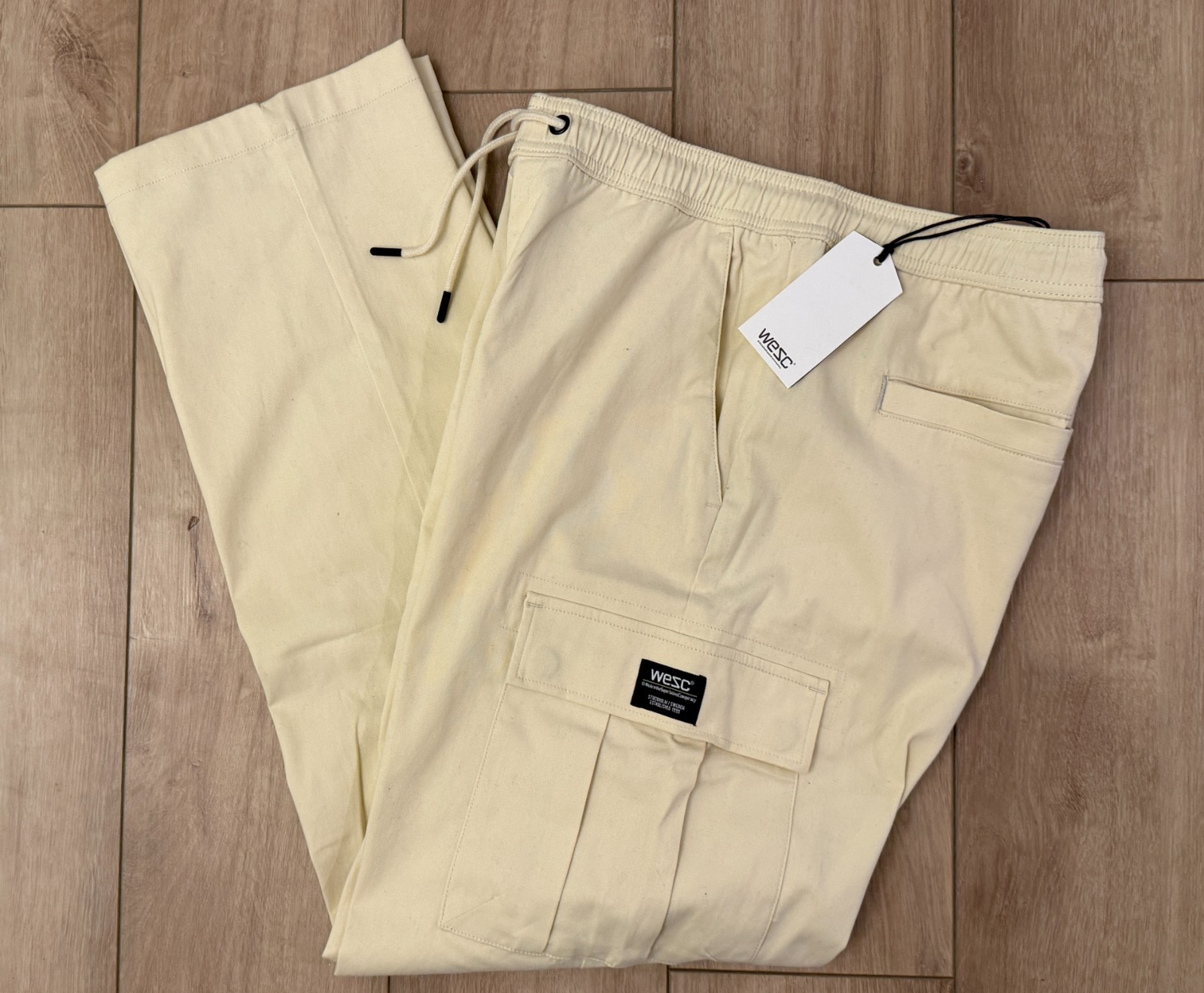 WeSC Open Bottom Cargo Pants Unisex Chino Style-Men L/Women XL-Pale Yellow-NWT
