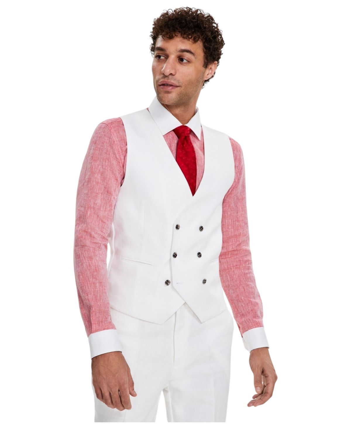 Tayion Mens Classic fit Double Breasted Button-Up Vest Large White Linen