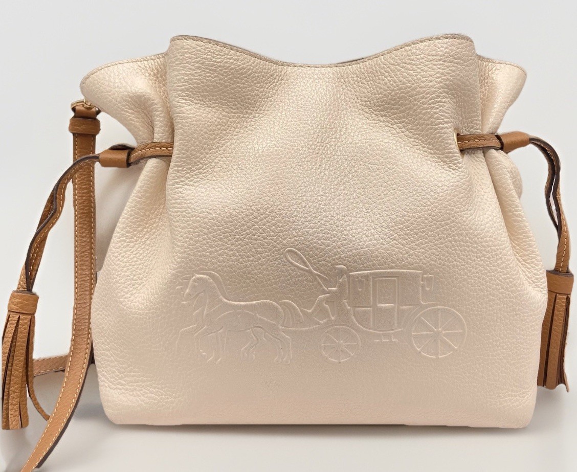 Coach Andy Horse and Carriage Pebbled Leather Crossbody Bucket Bag Chalk CA164