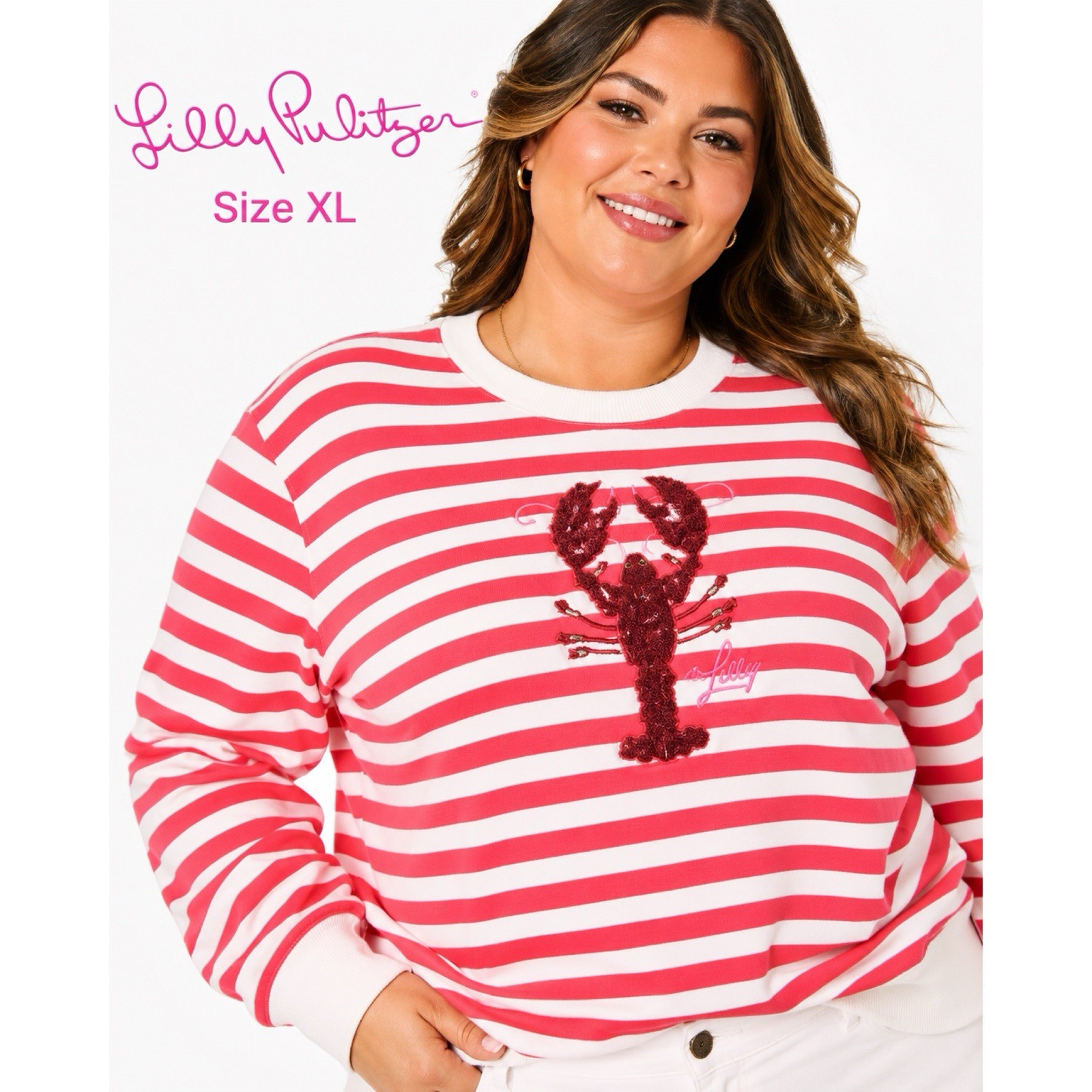 Lilly Pulitzer Rare Coral Striped Lobster Sweatshirt