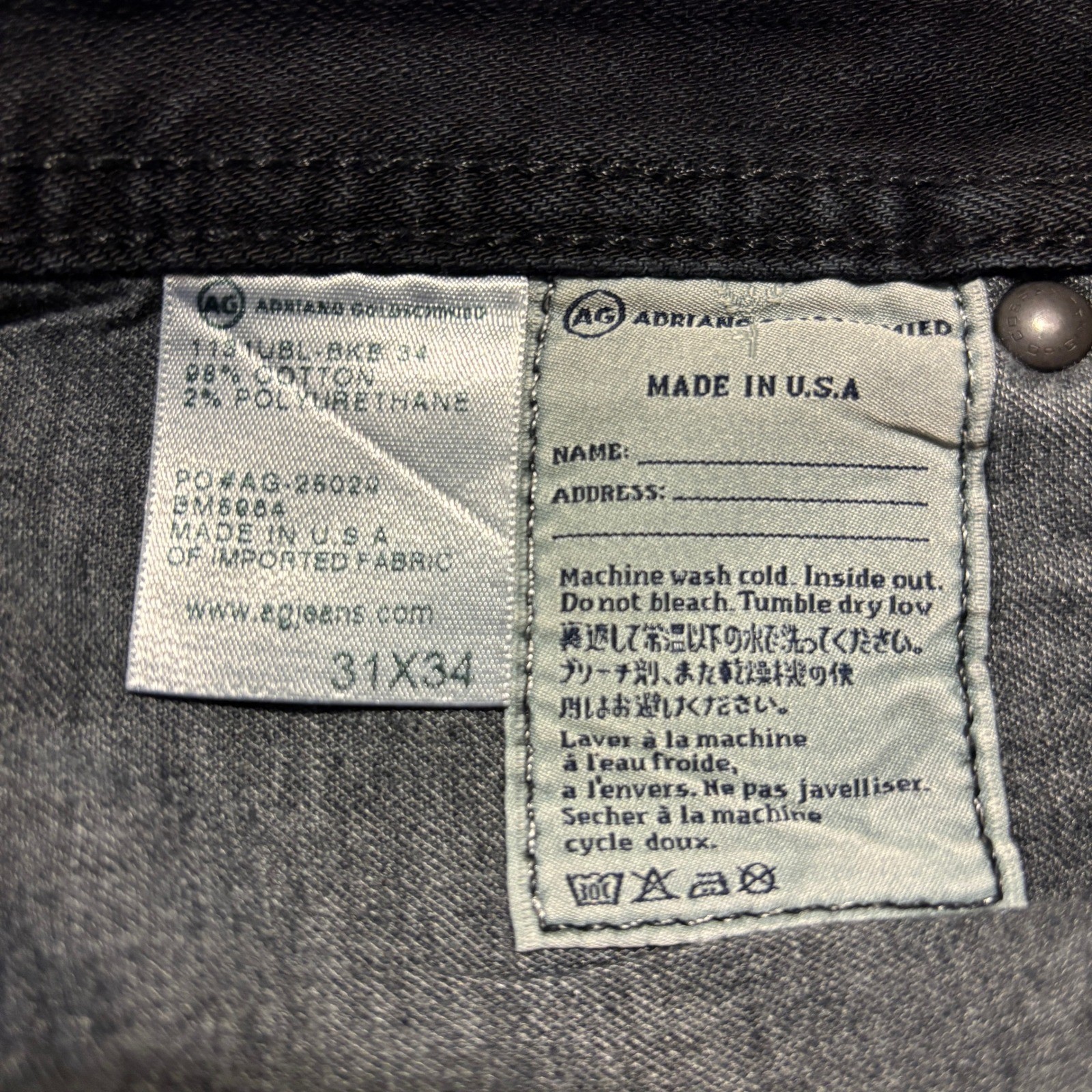 AG Adriano Goldschmied Matchbox Slim Straight Black Jeans Men 31×34 Actual 31×29
