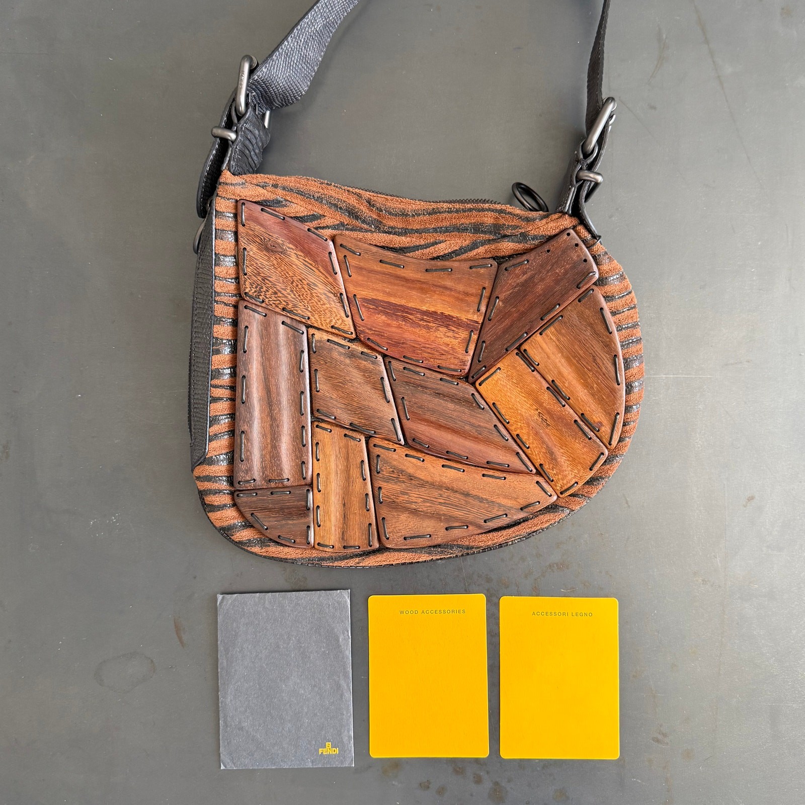 FENDI Wood Patchwork Tiger Print Oyster Shoulder Bag Hobo Y2K Lizard
