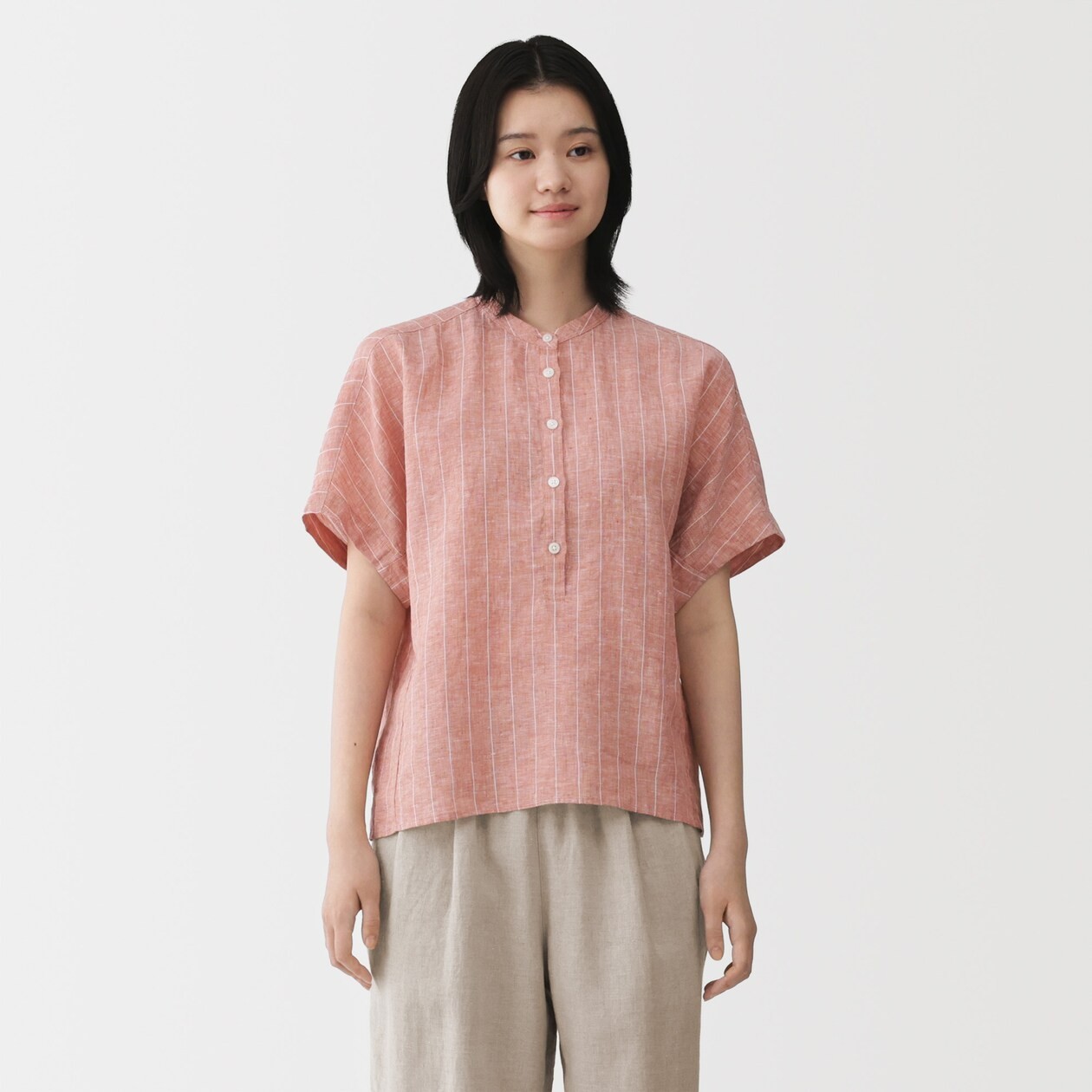 MUJI Womens 100% Linen Washed Short Sleeve Blouse Brick Stripe FedEx