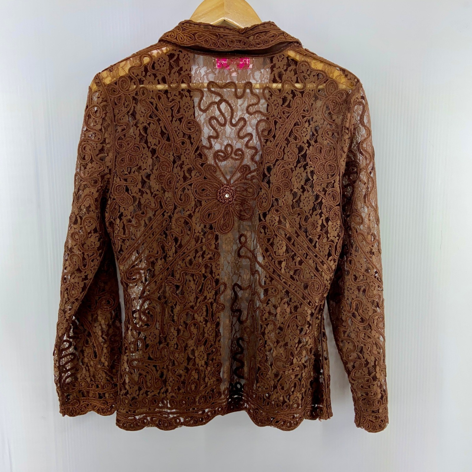 Pretty Angel Brown Silk Lace Long Sleeve Wide Collar Blouse Womens Medium