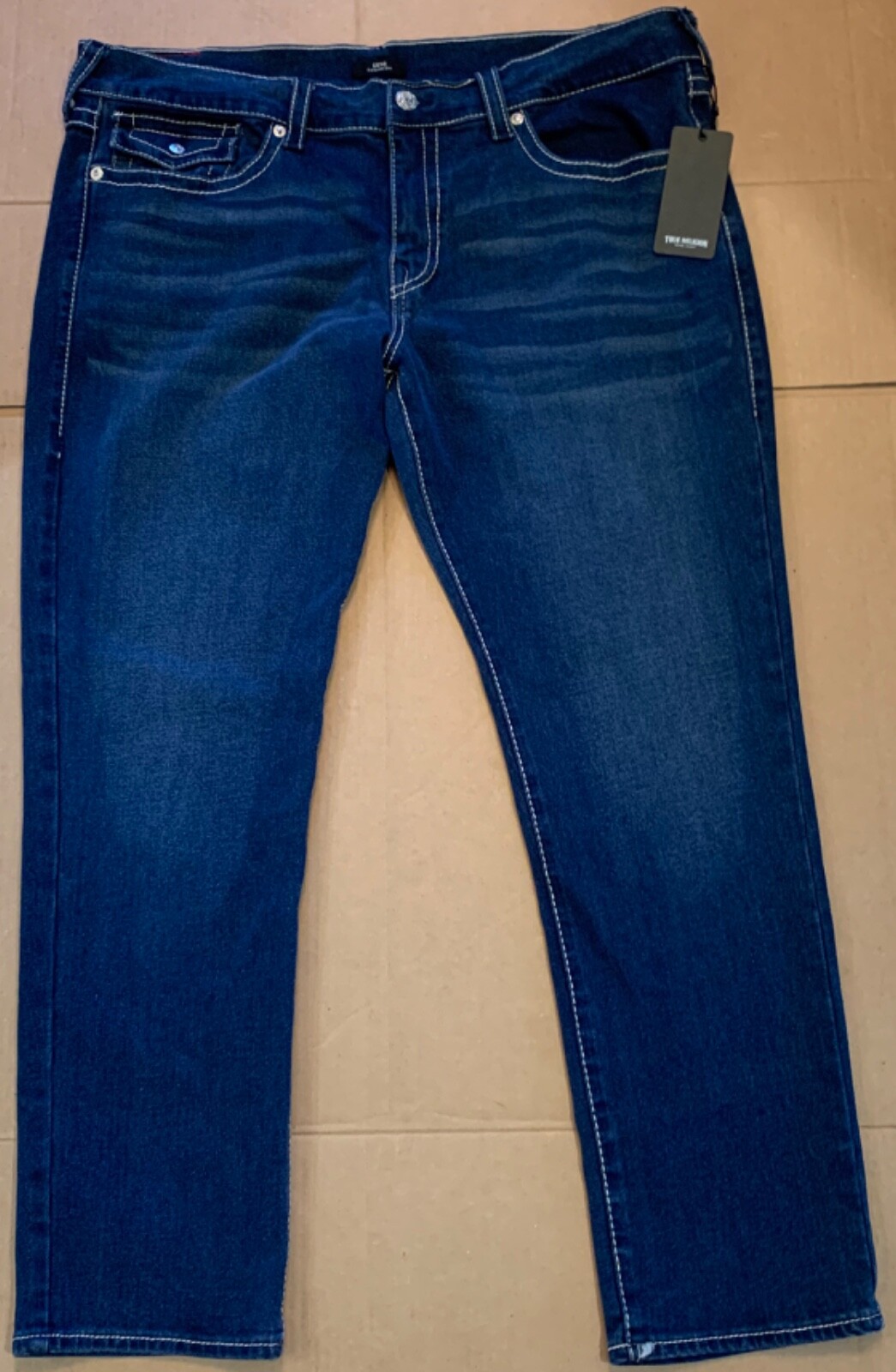 NWT $199 True Religion Geno Big T Flap Slim Jeans Medium Lagoon Wash Size 42