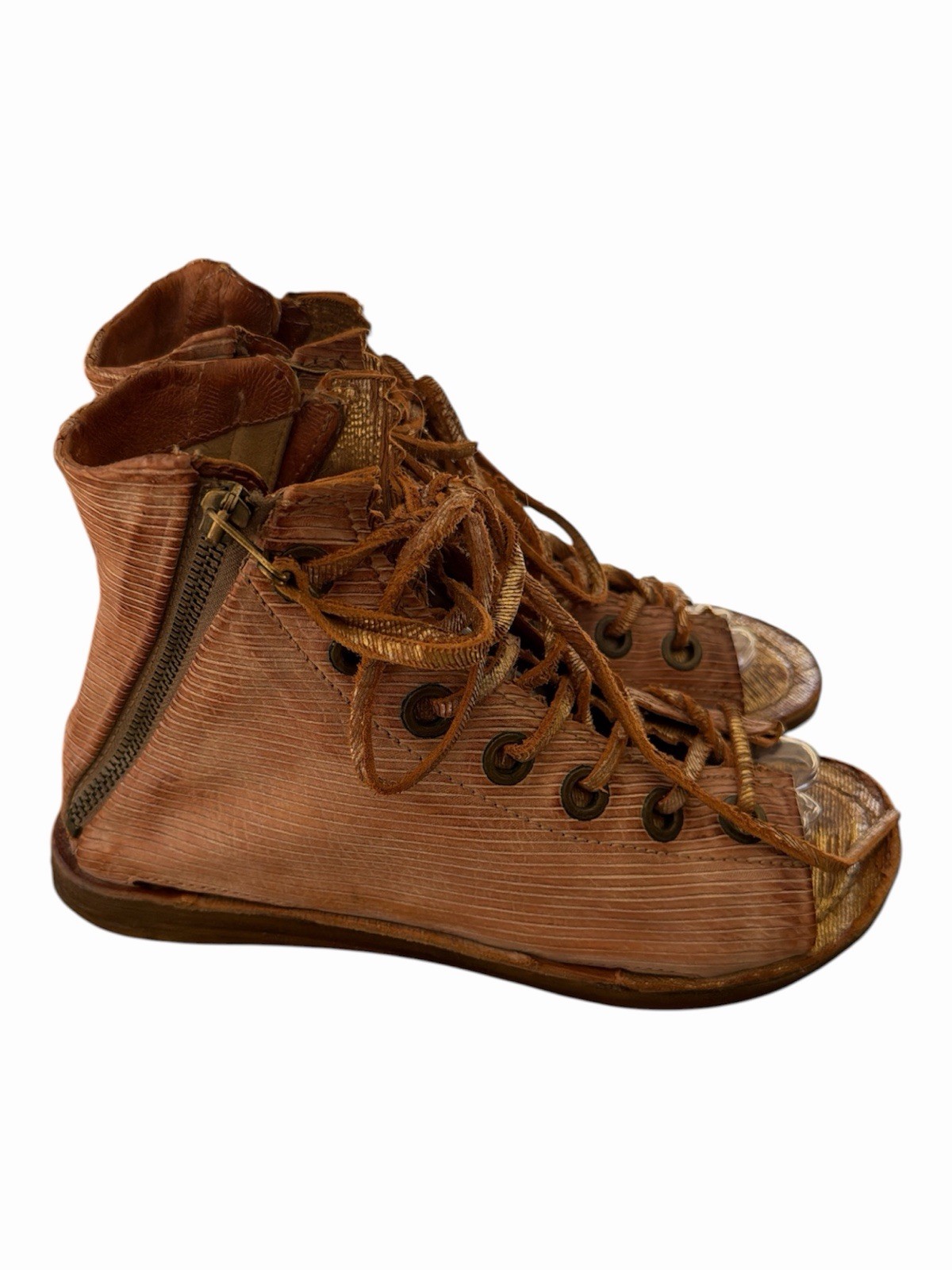 RHETT AS98 GLADIATOR FLAT SANDAL IN CAMEL W/ Metallic Lace up and back zip 39