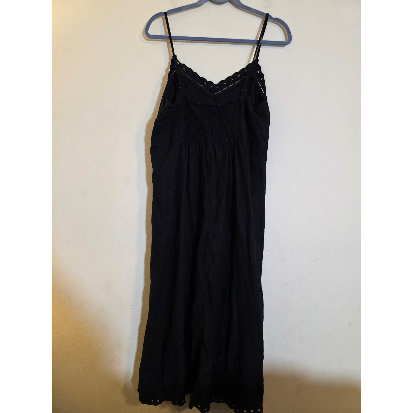 Old Navy Black Linen Blend Eyelet Hem Midi Slip Dress XL Smocked Back SP24/M04